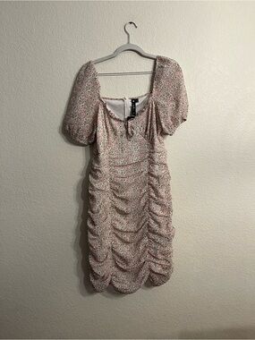 Summer Pink and White Floral Ruched Midi Dress